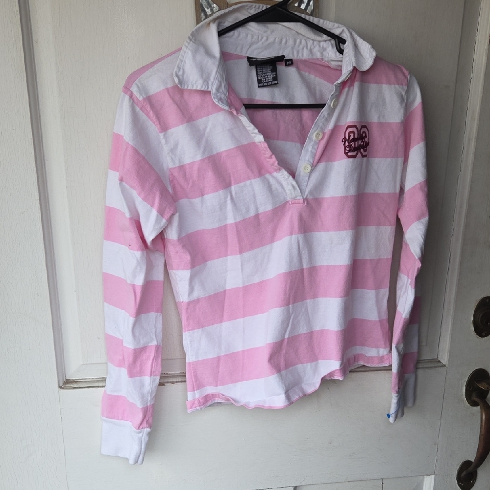 Harley-Davidson Pink and White Striped Womens Button Down Shirt Y2k Size Medium.